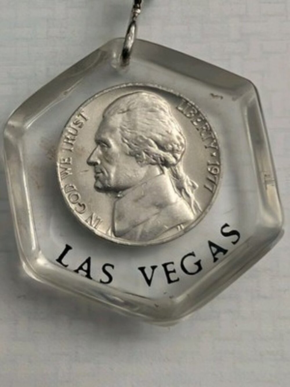Vintage 1977 Las Vegas Lucite Keychain Real Jefferson Nickel Coin Hexagon Retro